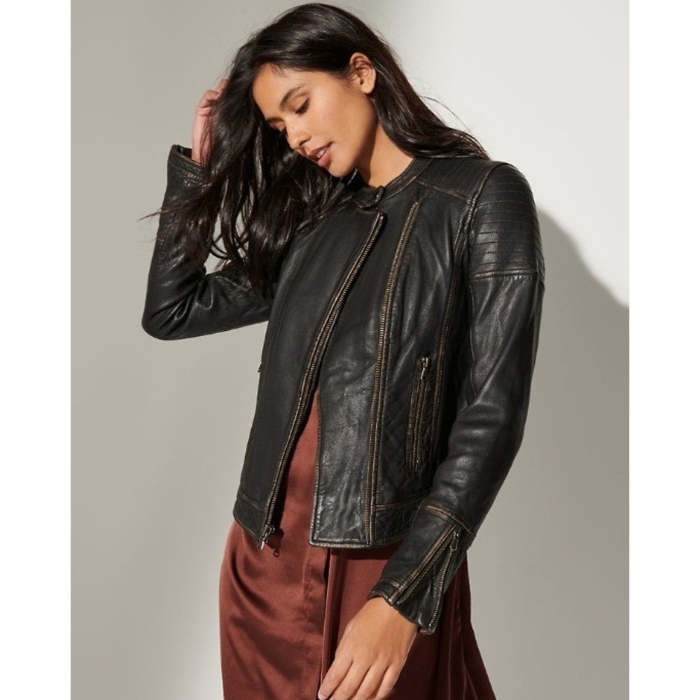 Overland Chelsea Leather Moto Jacket Women's XL Black Biker Asymmetric Zip EUC